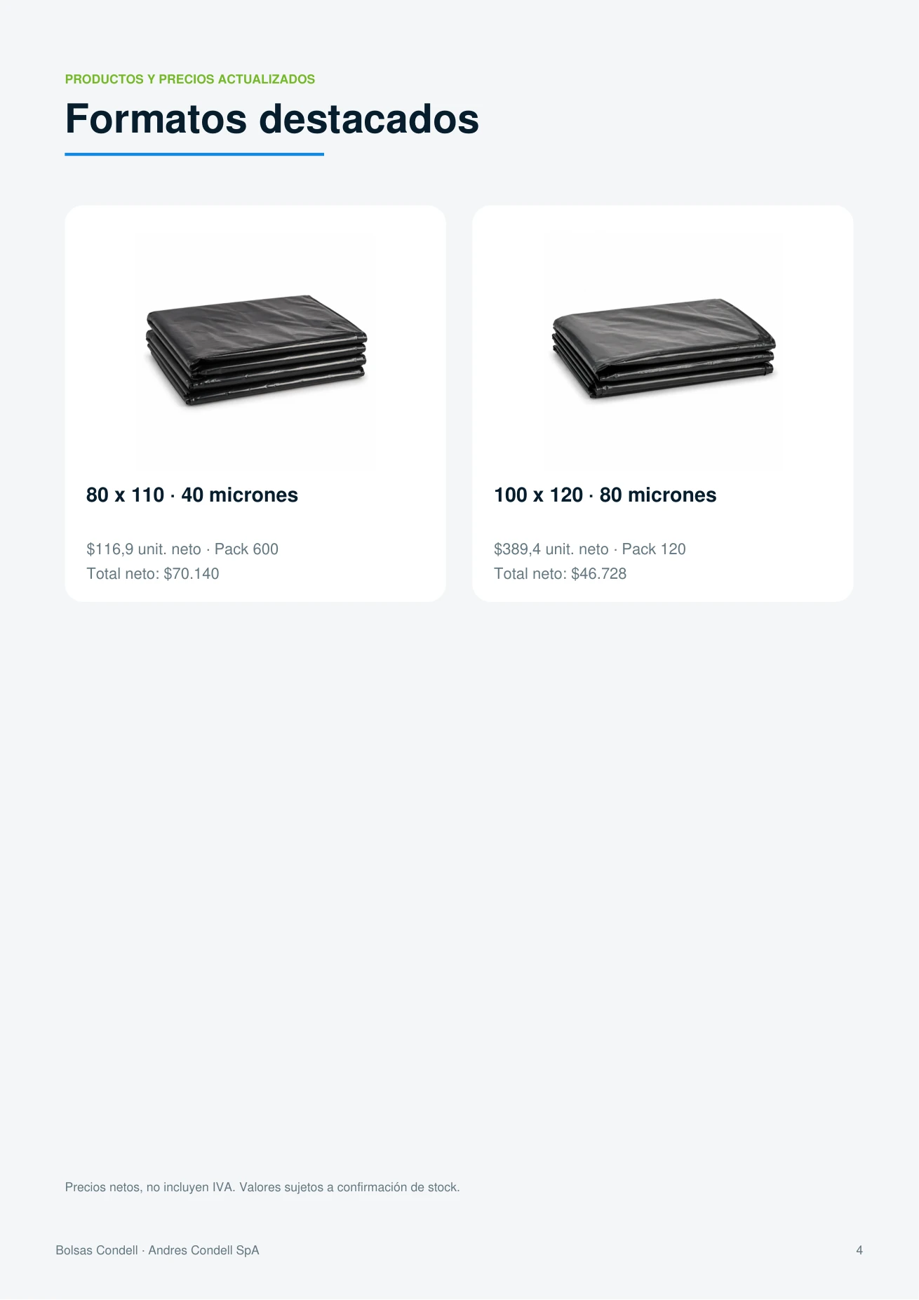 Página 4, formatos destacados: bolsas de 80 por 110 centímetros y 40 micrones, y de 100 por 120 y 80 micrones, con su precio neto y total por pack.