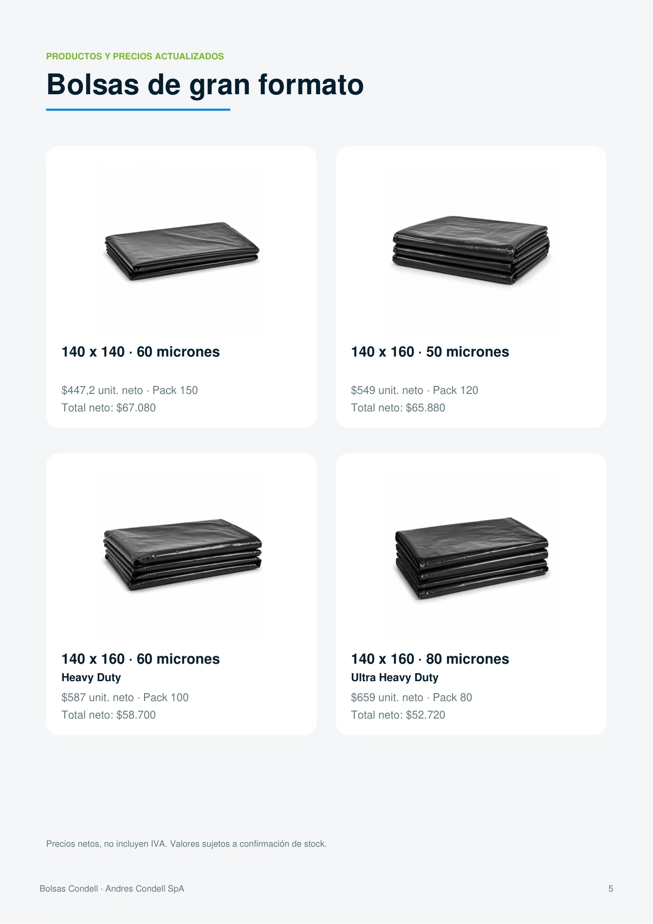 Página 5, bolsas de gran formato: 140 por 140, 140 por 160 en 50 y 60 micrones, Heavy Duty y Ultra Heavy Duty, con su precio neto y total por pack.