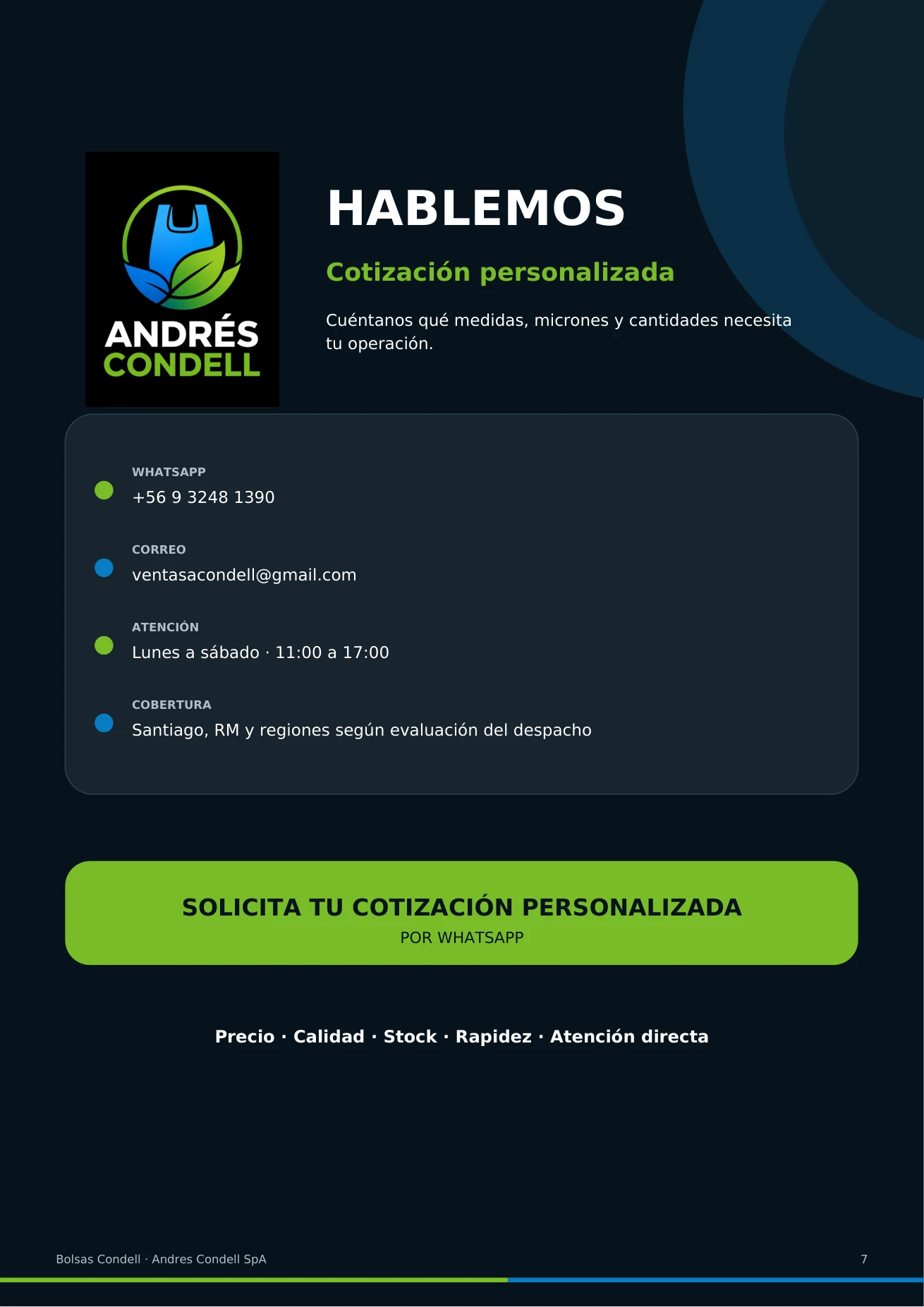 Página 7, hablemos: cotización personalizada por WhatsApp al +56 9 3248 1390, correo, horario de atención y cobertura.